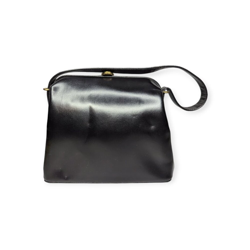 Vintage Leather Black Handbag with Gold Tone Metal Clasp Closure Leather Lined - Picture 4 of 16